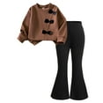 thumbnail image 1 of Splozh Girls 2 Piece Outfits Tween Girls Clothes Ribbed Knit Bow Long Sleeve Shirt and Flare Pants Fall Spring Outfits Coffee,5-6 Years, 1 of 9