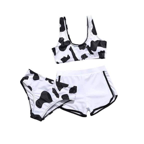 Splozh Girls 3 Piece Swimsuit Toddler Girl's 3 Piece Swimsuits Cow Prints Bikini Bathing Suit Briefs Girls Bikini with Shorts White,6-8 Years