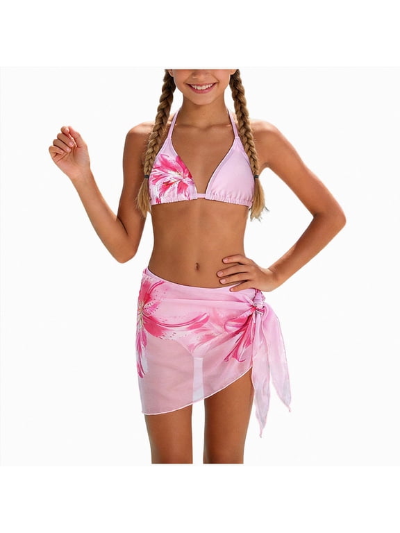 Girls Bathing Suits 7-16 Years Girl's 3 Piece Cute Triangle Bikini Swimsuit with Cover Up Skirt Fashion Bathing Suit,Pink,13-14 Years