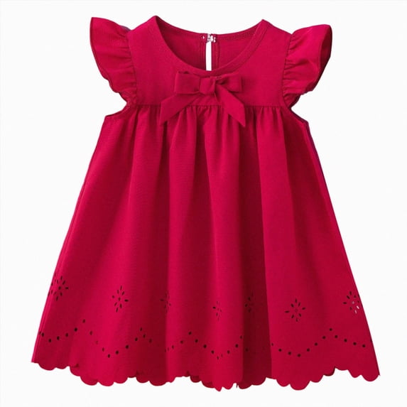 Splozh Girls' Casual Dresses 6 9 12 18 24 Months 2T 3T Girl Dresses Solid Color Short Sleeve Bubble Sleeve Dress Round Neck Casual Summer Dress,Wine,9-12 Months