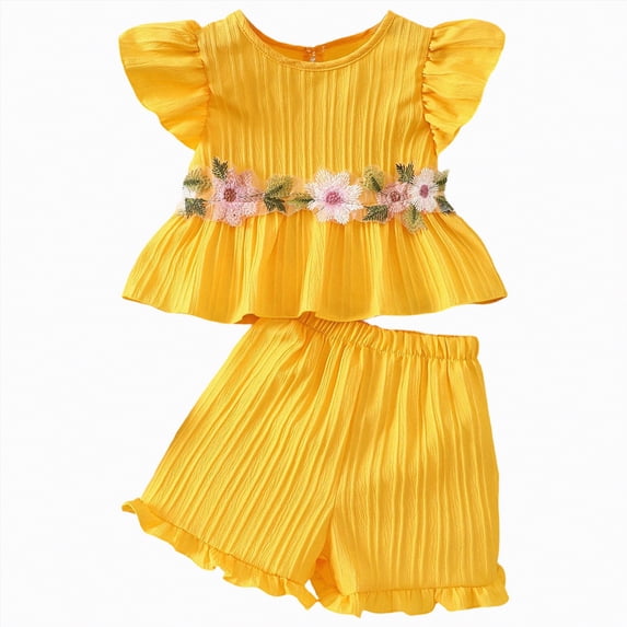 Splozh Girls Clothes Set Toddler Baby Girl Clothes Outfits Summer Ruffle Flower T Shirt Shorts Set Clothes for Girls 3-4 Years,Yellow