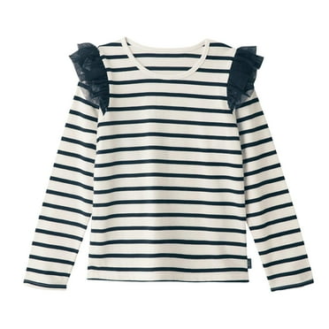 Splozh Girls Cotton Long Sleeve T-Shirt Toddler Comfort Soft Striped Basic Crewneck Tee Tops with Ruffles Trim,Black 4-6 Years