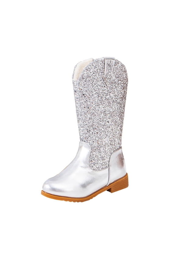 Girls Cowgirl Boots Mid Calf Square Toe Western Boot for Kids Glitter Cowboy Boot,Silver 13