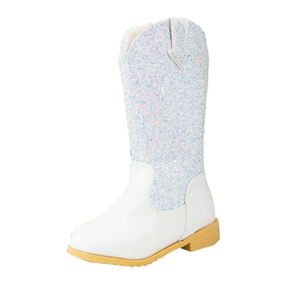Splozh Girls Cowgirl Boots Mid Calf Square Toe Western Boot for Kids Glitter Cowboy Boot,White 2.5