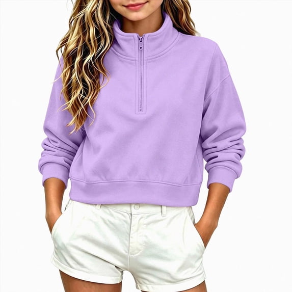 Splozh Girls Crewneck Sweatshirt Long Sleeve Shirt Girls Fashion Basic Fall Winter Solid Color Baby Sweatshirt,Purple,12-13 Years