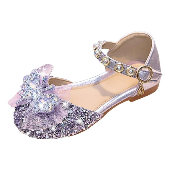 Splozh Girls Dress Shoes Low Heels Girls' Soft Sole Fashion Leather Shoes Butterfly Princess Sandals Dance Performance Shoes Purple,US 8