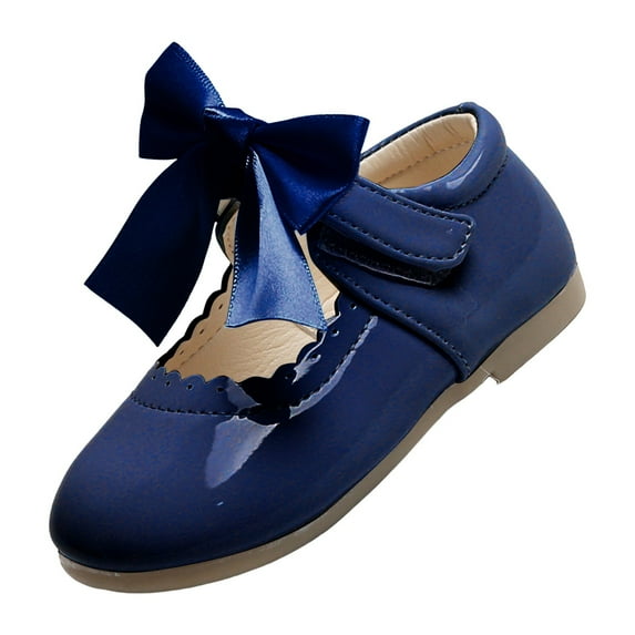 Splozh Girls Dress Shoes Wedding Party Girls Boots Cute Flat Solid Color Round Head Leather Shoes Dress Walk Shoes Bow Hook Loop Blue,US 6.5