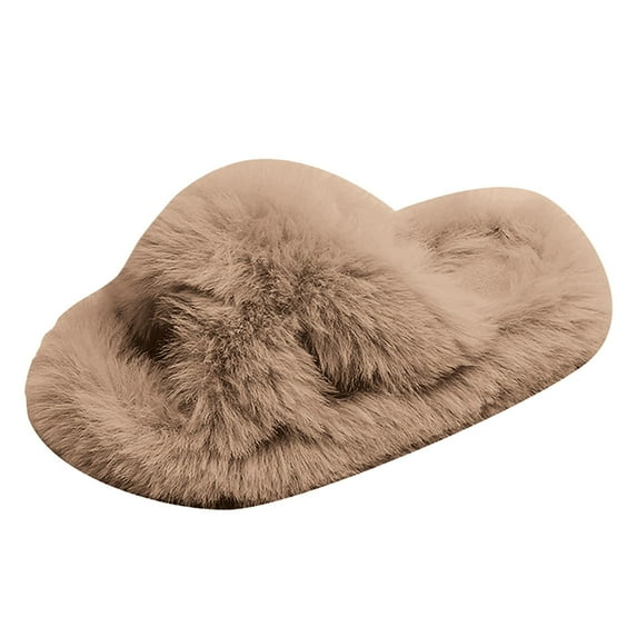 Splozh Girls Fluffy Slippers for Kids Cute Fuzzy Slippers Open Toe Warm Slides Parallel Band Plush Slip On House Indoor Slippers,Khaki 13.5
