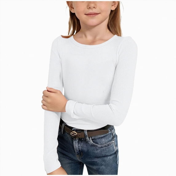 Splozh Girls' Long Sleeve Shirts Warm Crew Neck T Shirts Children Plain Comfortable Top,White,5-6 Years