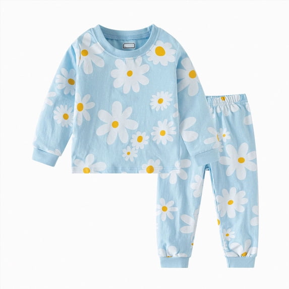 Splozh Girls Pajamas Cotton Childrens Flower Cotton Round Neck Long Sleeve Childrens Home Clothes Two Pieces Fall Winter Clothes,Light Blue,4-5 Years