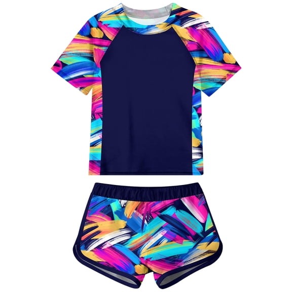 Splozh Girls Rash Guard Sets Swimsuit Childrens Printed Swimsuit Beach Shorts Surfing Short Sleeve Swimsuit for Girls Navy,5-6 Years