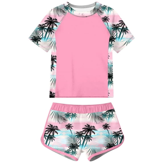 Splozh Girls Rash Guard Swimsuit Set Childrens Printed Swimsuit Beach Shorts Surfing Short Sleeve Swimsuit for Girls Light Pink,5-6 Years