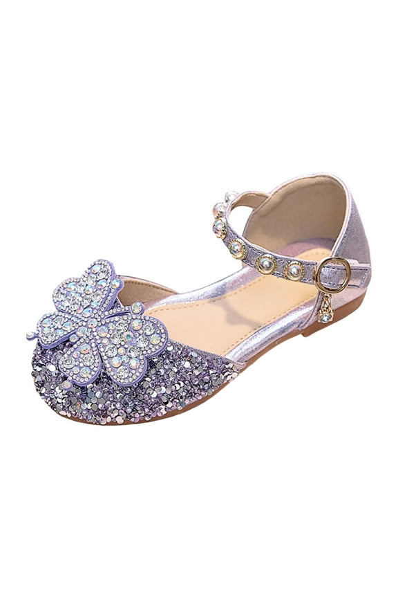 Girls' Sandals Girl Mary Janes Soft Sole Rhinestone Shoes Little Girl Butterfly Pearl Princess Shoes Purple,US 1