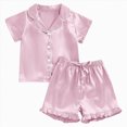 thumbnail image 1 of Splozh Girls Satin Silk Pajamas Silk Pajamas for Girls Satin Pajama Kids 2 Pieces Girl Button-down Pjs Shorts Sleepwear,Pink,4-5 Years, 1 of 4