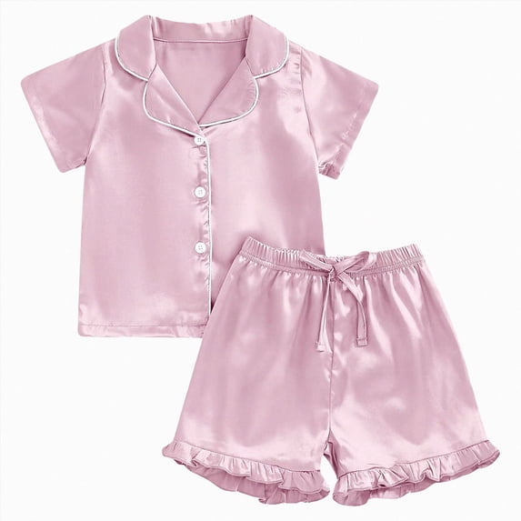 Splozh Girls Satin Silk Pajamas Silk Pajamas for Girls Satin Pajama Kids 2 Pieces Girl Button-down Pjs Shorts Sleepwear,Pink,4-5 Years