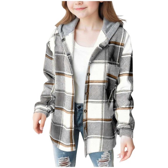 Splozh Girls Spring Jackets Girl Fall Jacket Plaid Lined Flannel Shirts Button Down Hooded Shirt Kids Casual Holiday Jackets Grey,4-5 Years