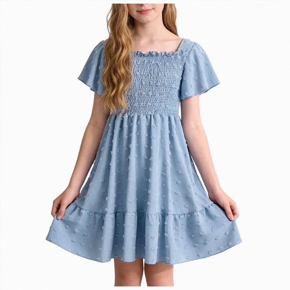 Splozh Girls Summer Dress Girls Dresses Flutter Sleeve A-Line Sundress Casual Summer Tiered Swing Midi Dress 8-9 Years,Blue