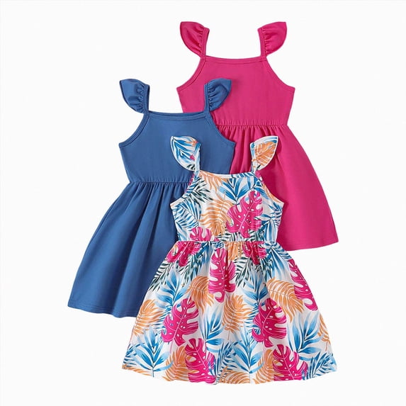 Splozh Girls Summer Outfits 2T 3T 4T 5T 6T 7T 8T Girls Dresses Toddler Girls Dress 3 Pack Casual Party Print Skater A Line Dress,Hot Pink,5-6 Years