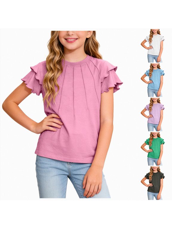 Girls Summer Shirts 5-12 Years Cute Solid Color Plain Basic Short Sleeve Cotton Tees Girls Summer Tops Summer Shirts for Girls Purple,5-6 Years