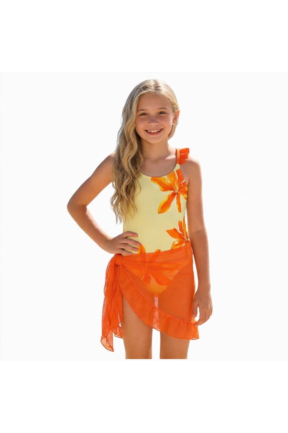 Girls Swimsuit 7-12 Years Adjustable Straps Cut Out One Piece Bathing Suit with Cover Up Skirt Girls' Swimwear,Red,9-10 Years