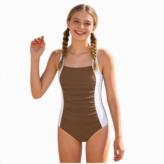 Splozh Girls Swimsuit 7-16 Years One Piece Swimsuits Solid Ruched Bathing Suit for Girls Full Coverage Modest Padded Swimwear,Coffee,13-14 Years