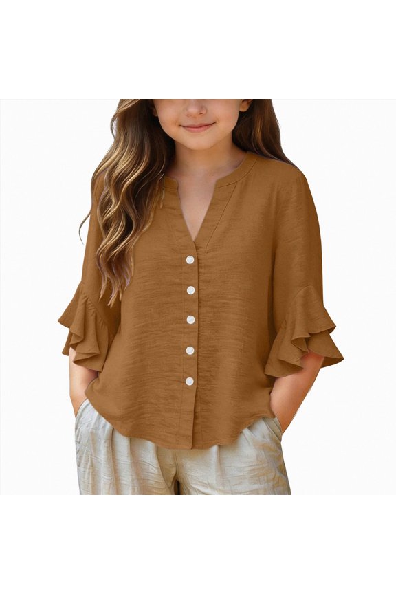 Girls T Shirts 3-14 Years Basic Plain Solid Color Short Sleeve Cotton Cute Tees Girls Short Sleeve Tops Toddler Girl Shirts Brown,7-8 Years