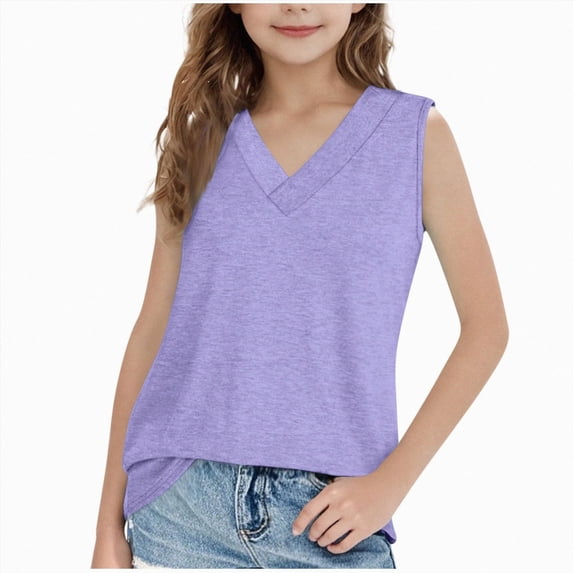 Splozh Girls Tank 5-16 Years Summer Solid Color Dance Athletic Undershirts Sleeveless Tops Tank Top Girls Athletic Shirts,Purple,5-6 Years