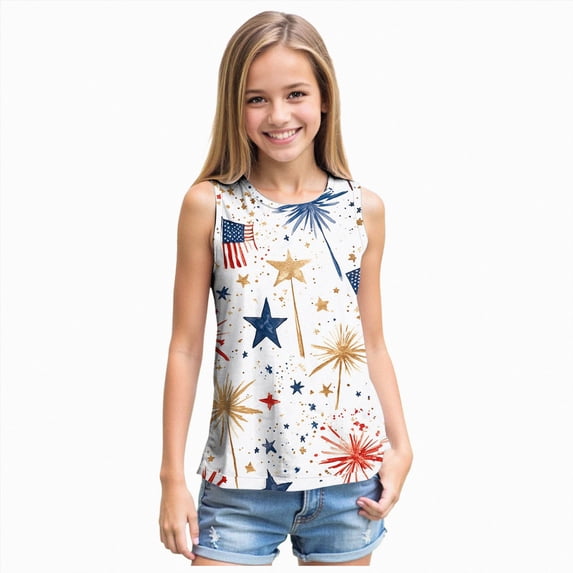 Splozh Girls Tank Top 5-14 Years 4th of July Summer Sleeveless Tops for Girls Running Girl Tank Top Girls Athletic Tank Tops,Blue,7-8 Years
