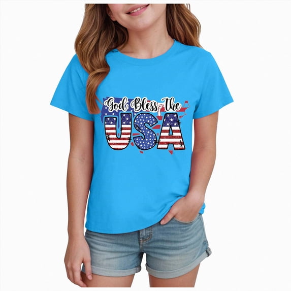 Splozh Girls' Tees Little Girls USA Shirts Kids 4th of July Shirts American Flag Tshirt Patriotic Top Independence Day Outfit 5-6 Years,Blue