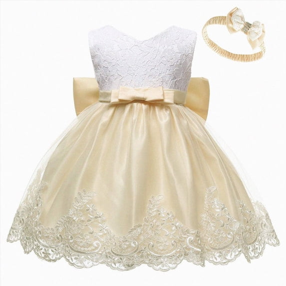 Splozh Girls Tulle Dress 3 6 12 18 24 Months Baby Girls Lace Bowknot Princess Wedding Formal Tutu Dress + Headband Set,Yellow,0-3 Months