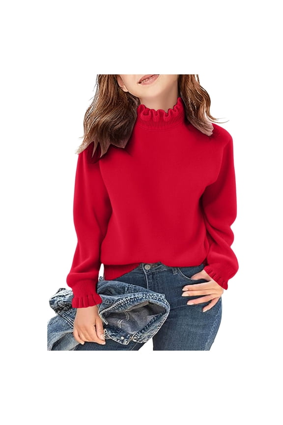 Girls Turtleneck Sweaters Kids Batwing Sleeve Knit Clothes Pullover Jumper,Red 6-7 Years