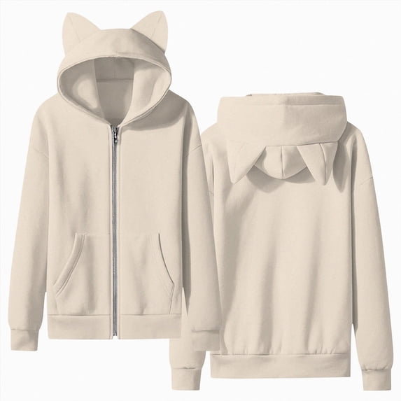 Splozh Hoodies for Teen Girls Zip Up Hoodies Fall Cute Cat Ear Oversize Hoodie Jackets Casual Long Sleeve Hood Sweatshirt Coat,Beige,13-14 Years