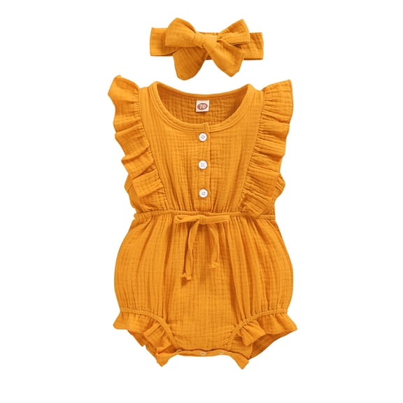 Splozh Infant Baby Girl Clothes Sleeveless Romper Button Ruffle Jumpsuit Headband Baby Girls Romper Jumpsuit Yellow,18-24 Months