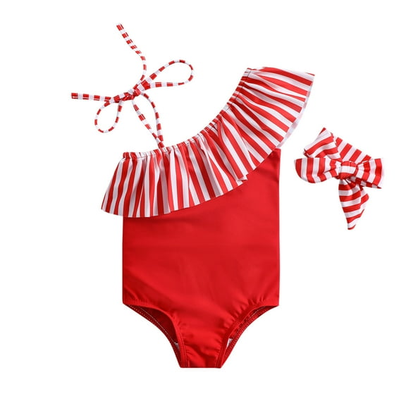 Splozh Infant Baby Girl Swimsuit Toddler Kids Baby Girls Swimwear Patchwork Striped Summer Bathing with Headbands Swimsuit Set Red,3-4 Years