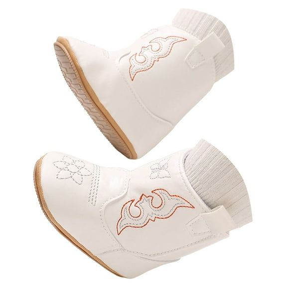 Splozh Infant Booties Baby Cowboy Cowgirl Boots Infant Western Boots Toddler Boys Girls Round Toe Riding Mid Calf Boots All Seasons White,US 5.5