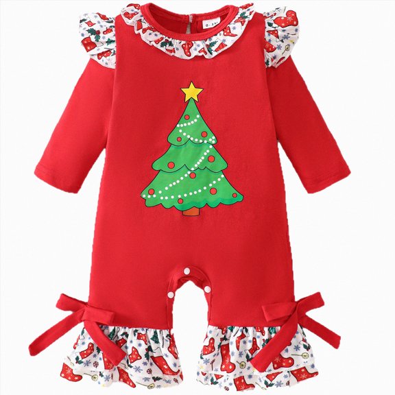 Splozh Infant Christmas Pajamas 0 6 12 18 24 Months Baby Girl Christmas Romper Bell Bottoms Long Sleeve Jumpsuit,Red,18-24 Months