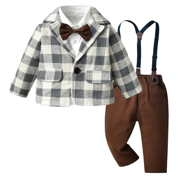 Splozh Kid Christmas Outfits Children Bodysuits Toddler Boy Clothes 3Pcs Baby Boy Clothes Baby Plaid Shirt Suspender Pants Brown,2-3 Years