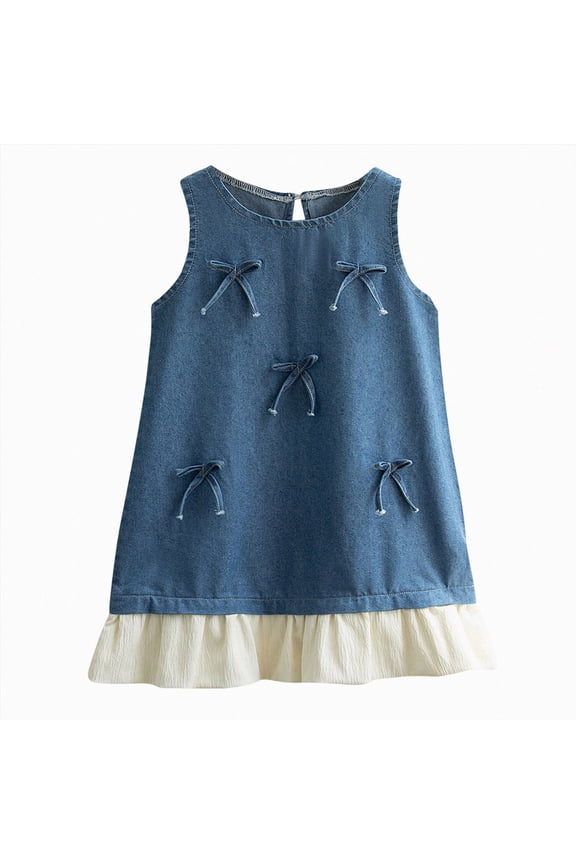 Kid Dresses 2T 3T 4T 5T 6T 7T Toddler Girl's Cute Bow Denim Dress Sleeveless Ruffle A Line Tank Dresses,Blue,6-7 Years