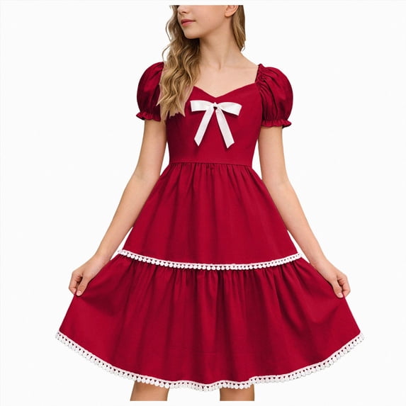 Splozh Kid Dresses Girls Summer Dress Kids Puff Sleeve Square Neck Smocked Dresses Tiered Sundress 4-5 Years,Red