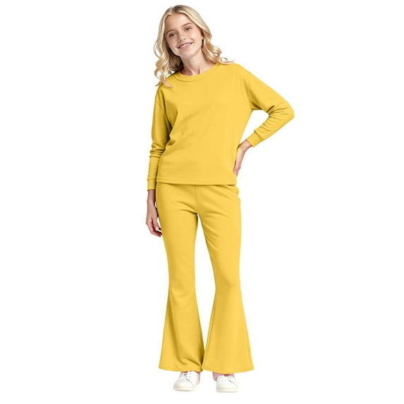 Splozh Kid Girls Clothes Girls Outfits Girls 2 Piece Set Fall Spring Outfits Lounge Sets Long Sleeve Top Wide Leg Pants Sweatsuit Clothing Set Yellow,7-8 Years