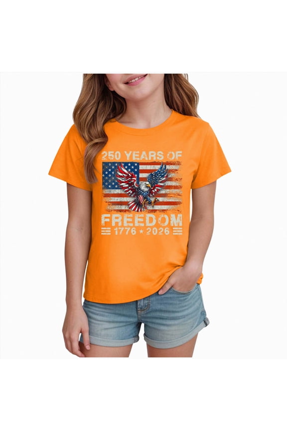 Kids 4th of July Shirts 1-14 Years Summer Patriotic Short Sleeve Girls Tops, USA Patriotic Daily Shirts,Orange,1-2 Years