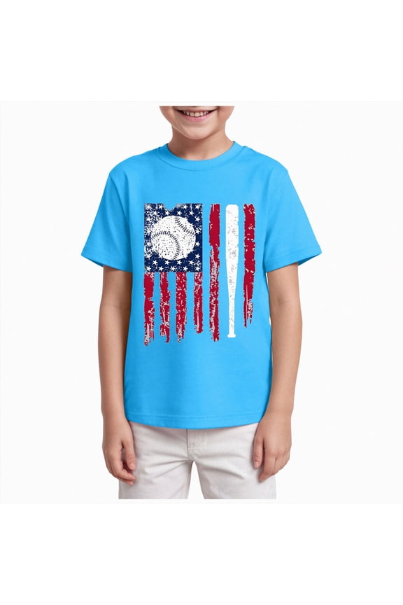 Kids American Flag Shirt 2-14 Years Summer Short Sleeve Graphic Boys Shirts, Boy 4th of July Daily Outfit,Sky Blue,11-12 Years