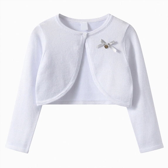 Splozh Kids Cardigan Girls 1-14 Years Kids Girls Crew Neck Long Sleeve Crop Cardigan Sweater Knit Bolero Cardigan for Dresses Outfits,White,5-6 Years