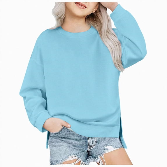 Splozh Kids Crewneck Sweatshirt Girls Crew Neck Sweatshirt Long Sleeve Pullover Top 5-14 Years Sweatshirt Side Slit,Light Blue,11-12 Years