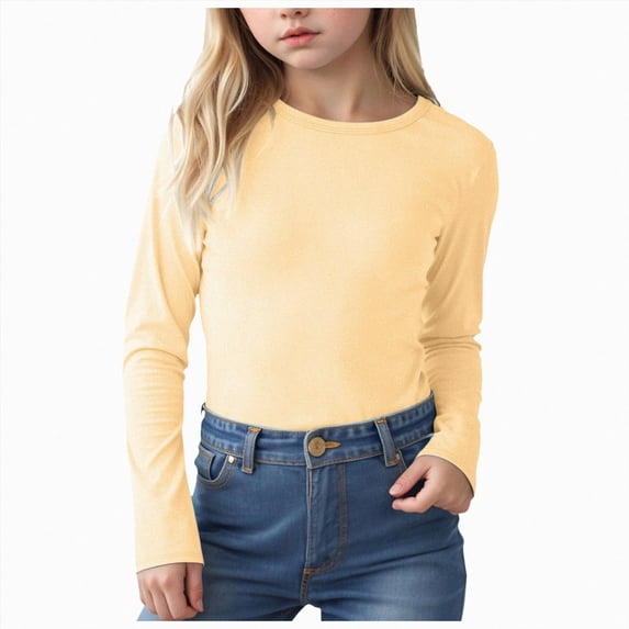 Splozh Kids Long Sleeve Shirt Girls Long Sleeve Shirts Casual Crewneck T-Shirts Soft Layering Basic Tees Undershirts Fall Tops,Light Yellow,11-12 Years