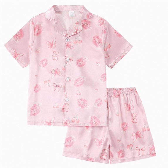 Splozh Kids Matching Pajamas 4-14 Years Girls Breathable Silk Pajamas Short Sleeved Home Clothes Cute Pattern Pajama Set,5-6 Years,5-6 Years