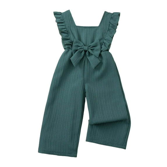 Splozh Kids Summer Outfits Girls Jumpsuit Wide Leg Loose Ruffle Sleeve Crew Neck Rompers with Pockets Casual Fashion Green,5-6 Years