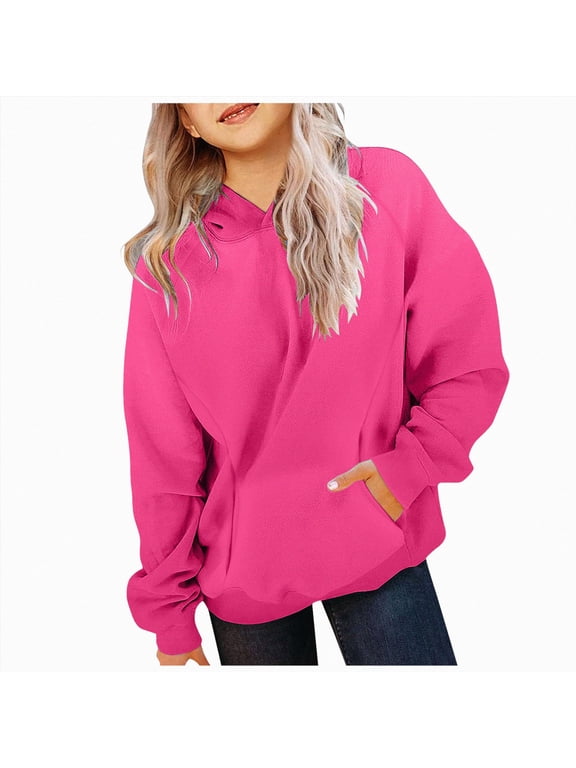 Kids Sweatshirt Hoodies for Teen Girls Trendy Preppy Tween Girls Hooded Sweatshirt Long Sleeve Shirts Cute Clothes with Pocket,Hot Pink,13-14 Years