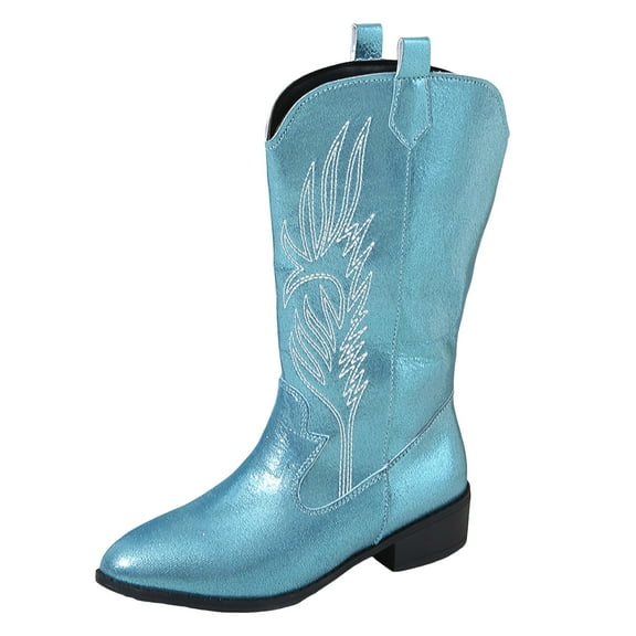 Splozh Knee High Boots Women Suede Western Cowboy Boots for Women Knee High Wide Calf Cowgirl Boots with Slip On Pointed Toe Chunky Heel Fashion Retro Tall Boot for Girls Ladies Fall Winter Blue,US 6