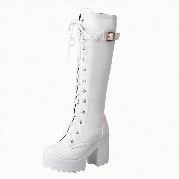 Splozh Knee High Boots Women's Combat Riding Platform Knee High Boots Lace Up Fall Lug Sole Motorcycle Boots with Inside Zipper White,US 8